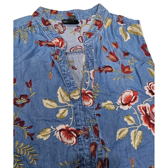 Beige By Eci Blue Denim Dress 14 Chambray Floral Embroidered V-neck Sleeveless - Picture 4 of 11